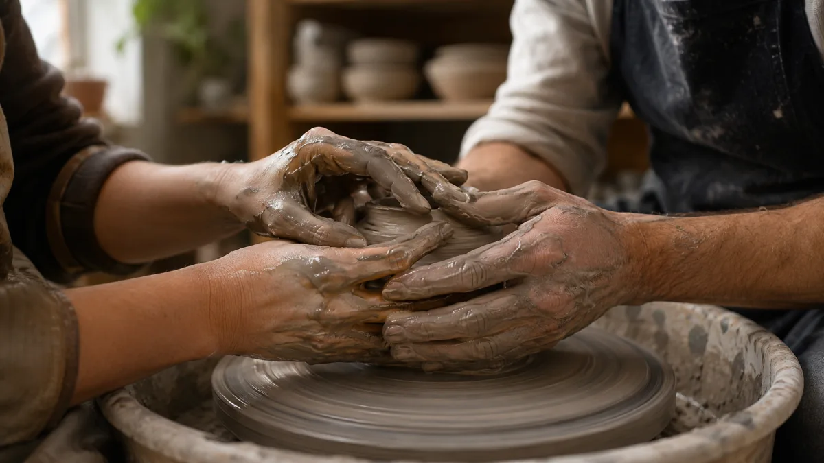 Two pairs of hands shaping clay on a pottery wheel in a warm studio