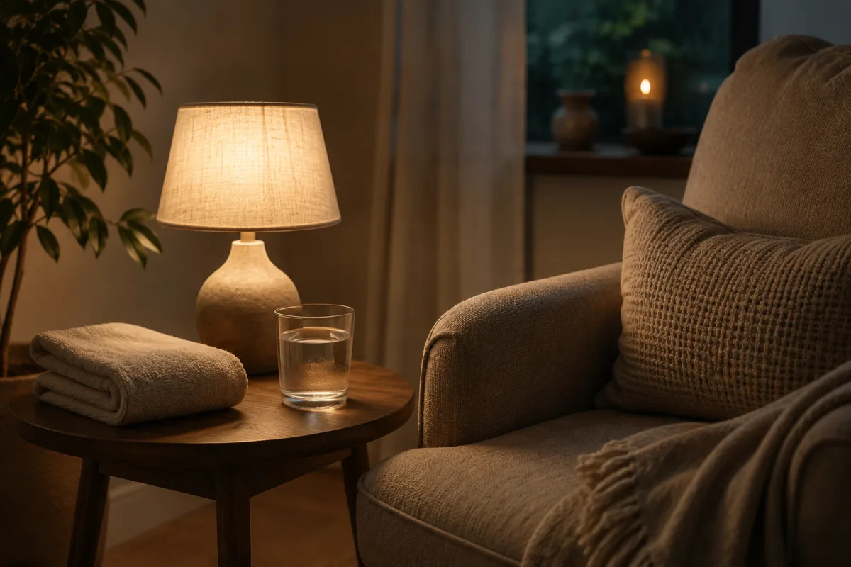 Relaxing head massage setup with towel, water, and soft lamp light
