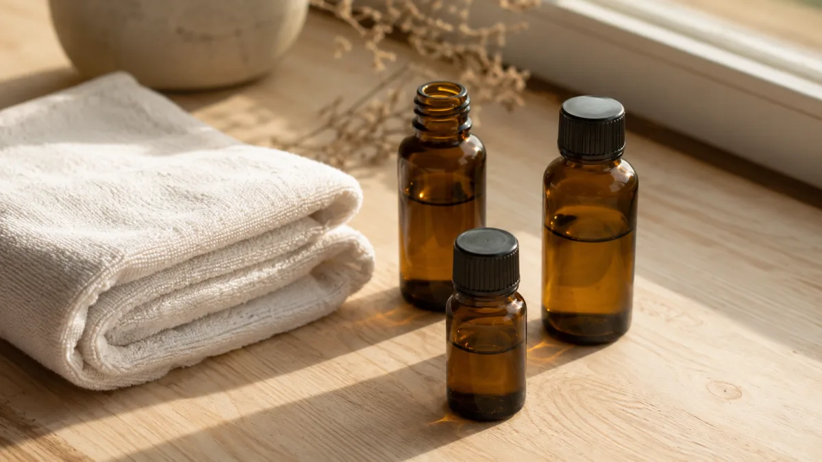 Massage oils and supplies arranged on a wooden surface