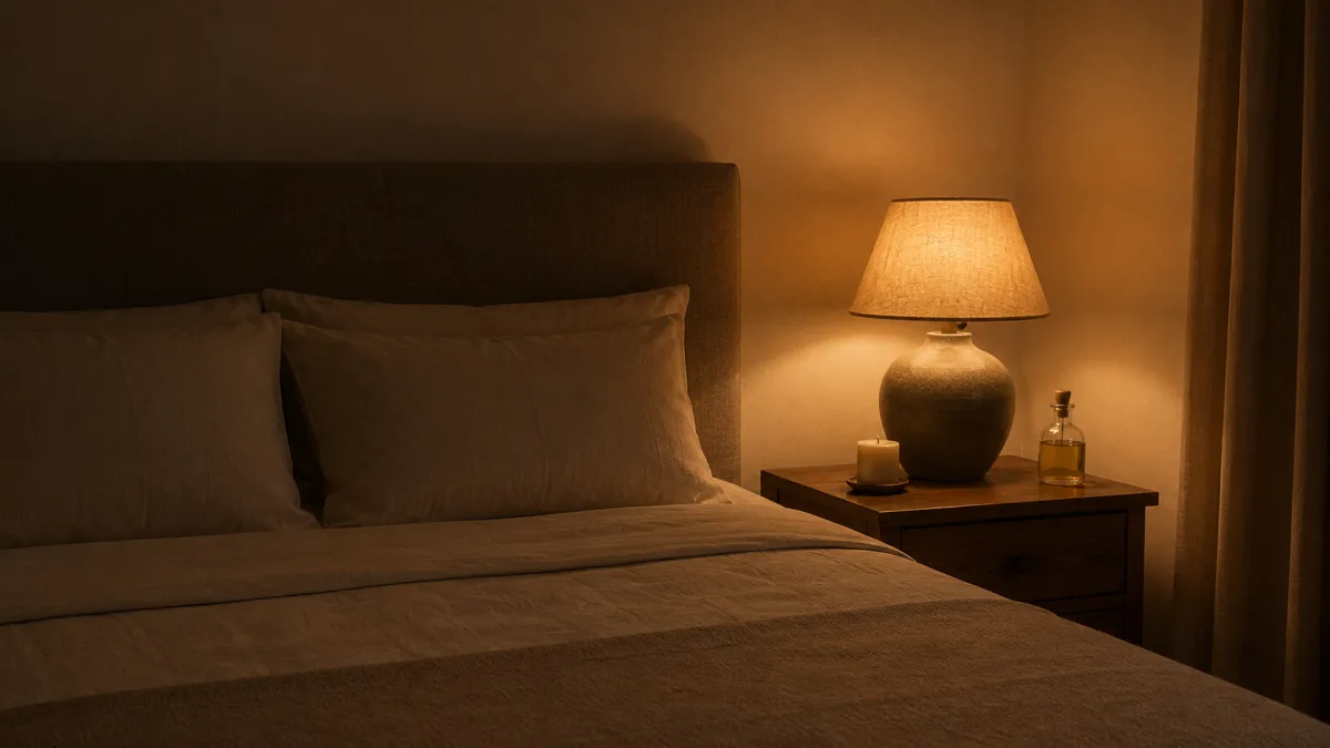 Quiet bedroom set up for a relaxation massage with soft lighting